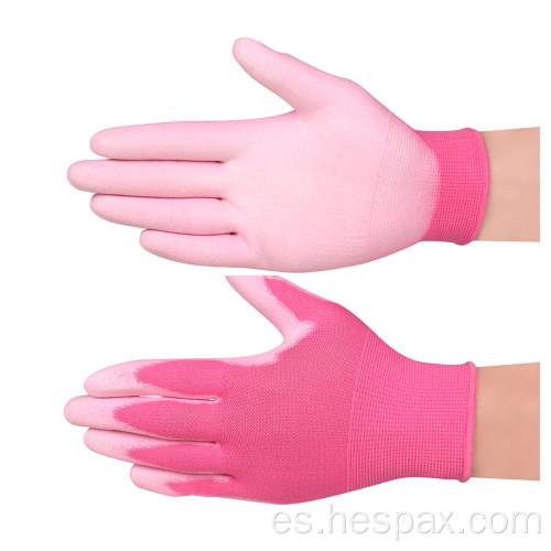 Guantes de jardín ESD de poliuretano de nylon rosado 13G